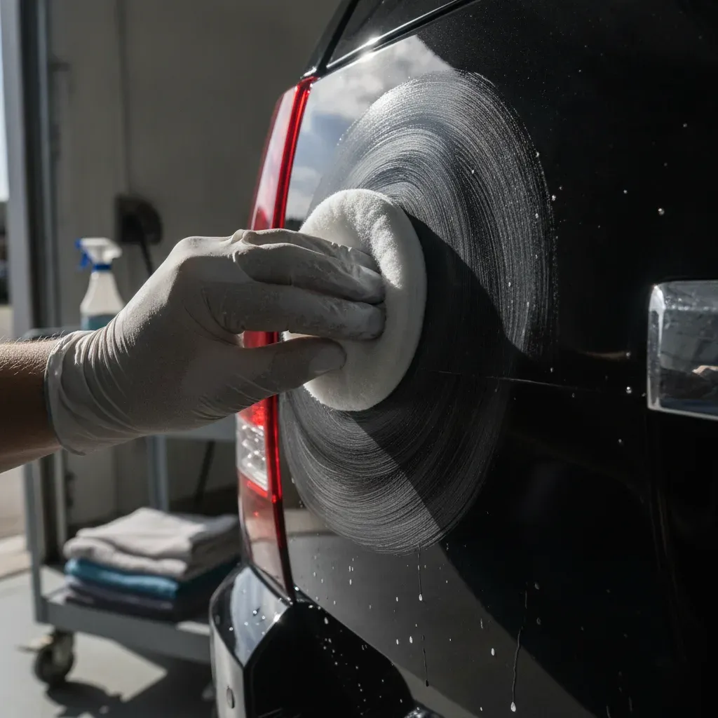 Close-up hand applying ceramic coating to car paint in Fort Worth