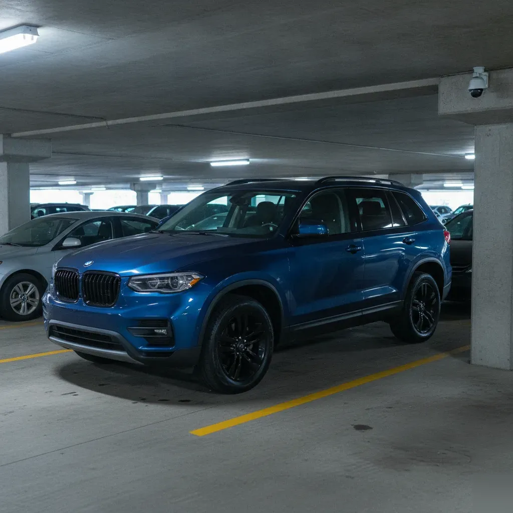 Freshly detailed SUV parked in Irving office parking garage structure