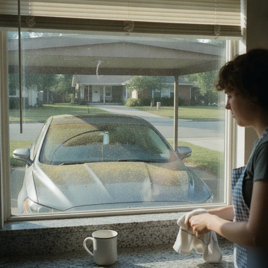 Homeowner noticing dusty car buildup through kitchen window in Irving