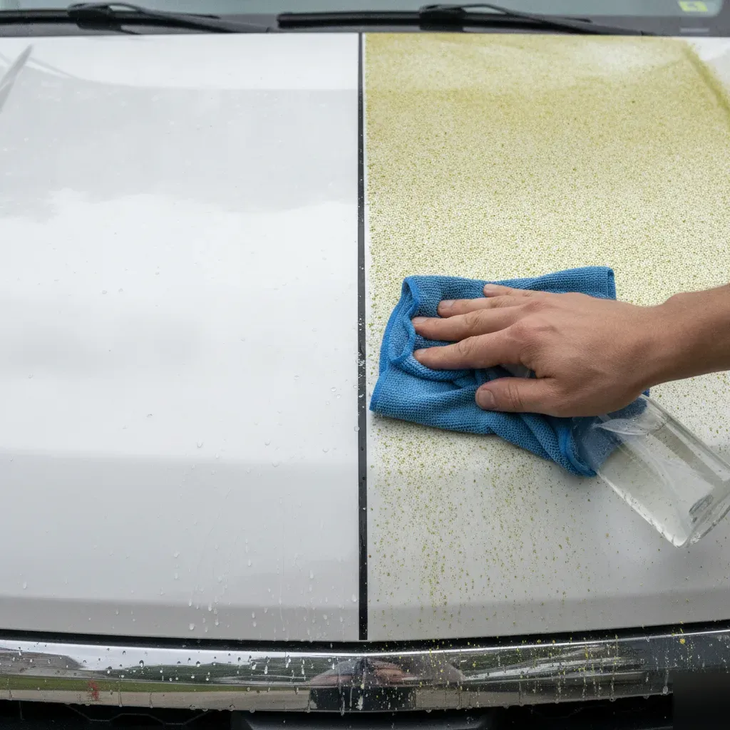Truck hood shows contrast between quick wash and full detail in Irving
