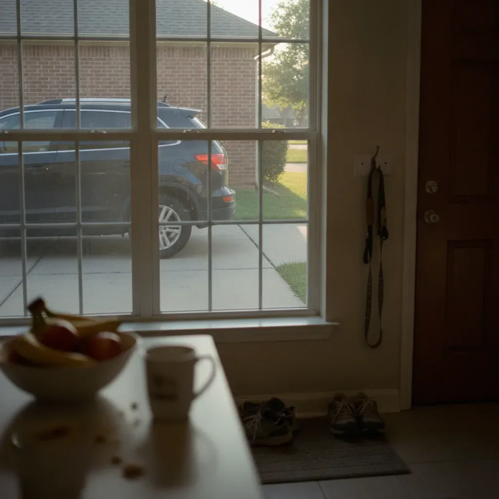 View of car in driveway through kitchen window at Irving home needing interior vacuuming