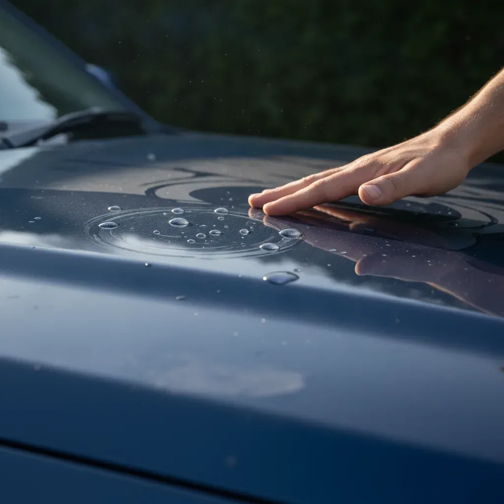 Close-up of water beading unevenly on SUV hood showing worn wax
