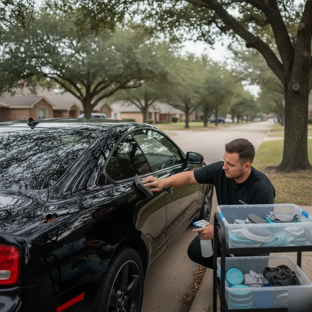 Detailer clay-barring black coupe paint during mobile wax appointment outdoors