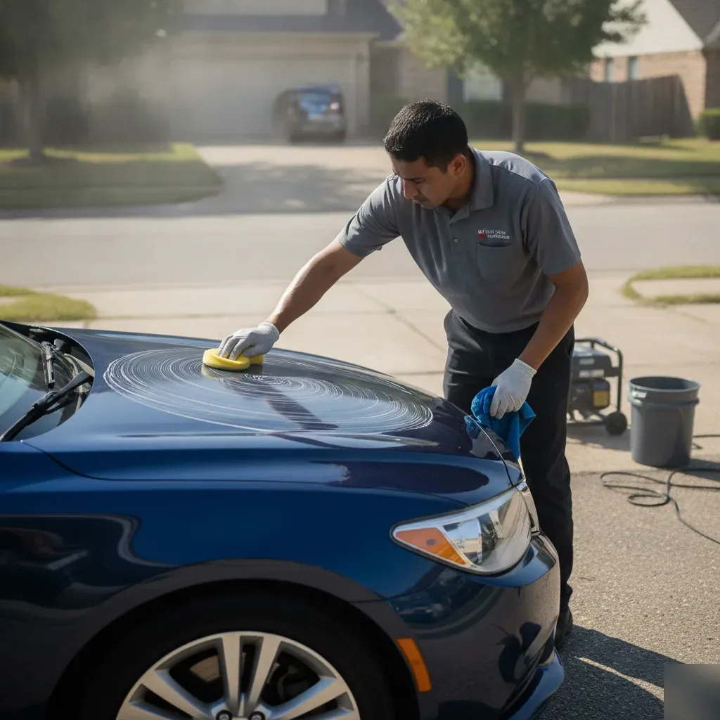 Detailer applying car wax to dark blue sedan hood in Irving driveway