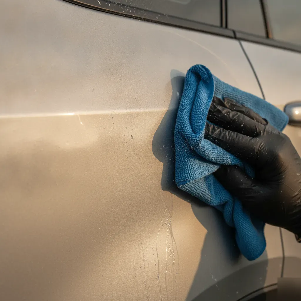 Close-up of gloved hand wiping wax onto silver SUV paint in Irving