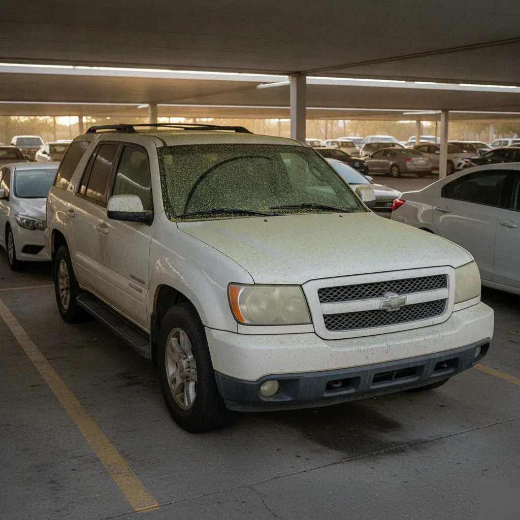 Dusty SUV in Irving office parking structure showing contaminant buildup