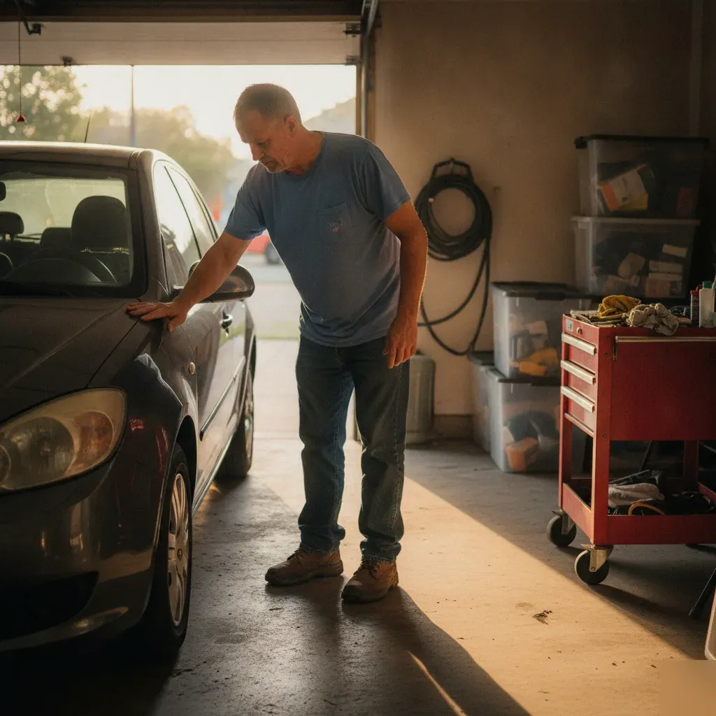 Homeowner checking car paint texture in Irving garage before clay treatment