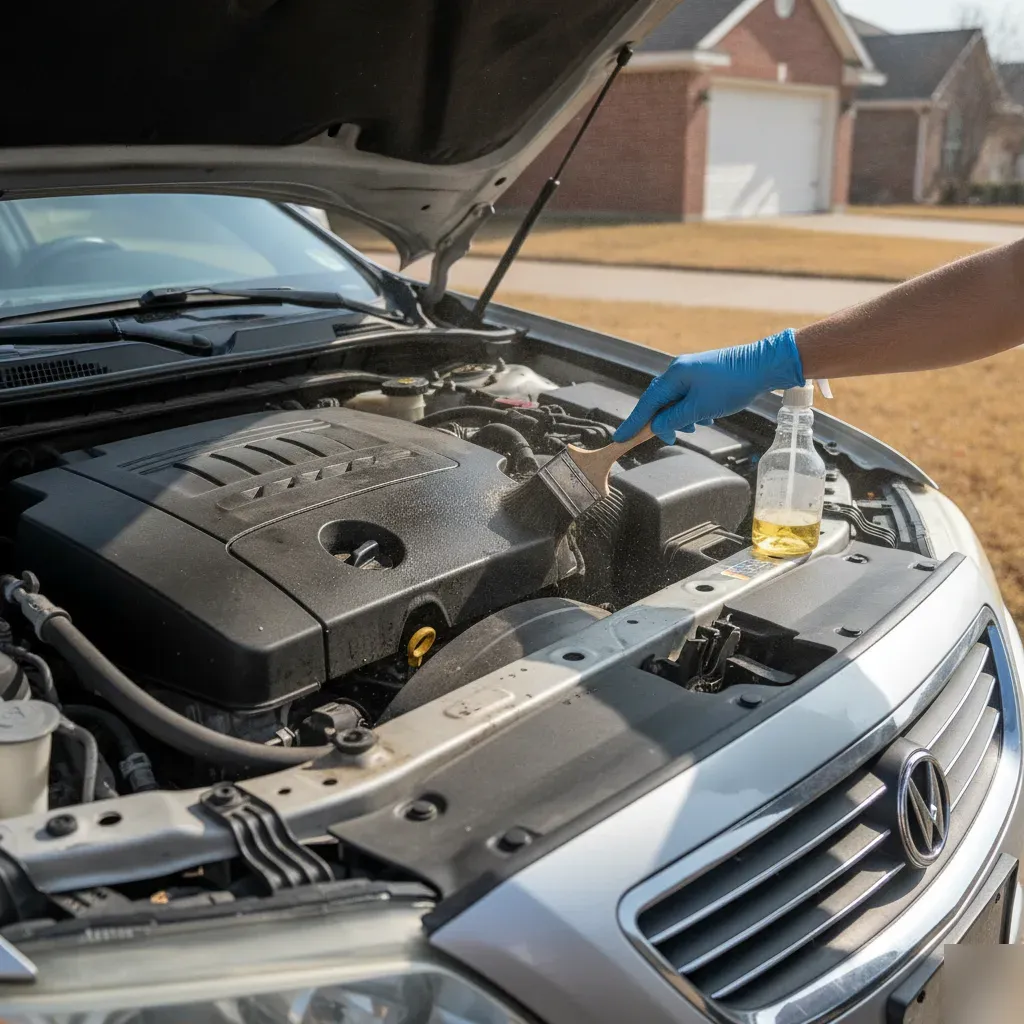 Technician brushing dust and grease from engine bay during mobile detail in Fort Worth