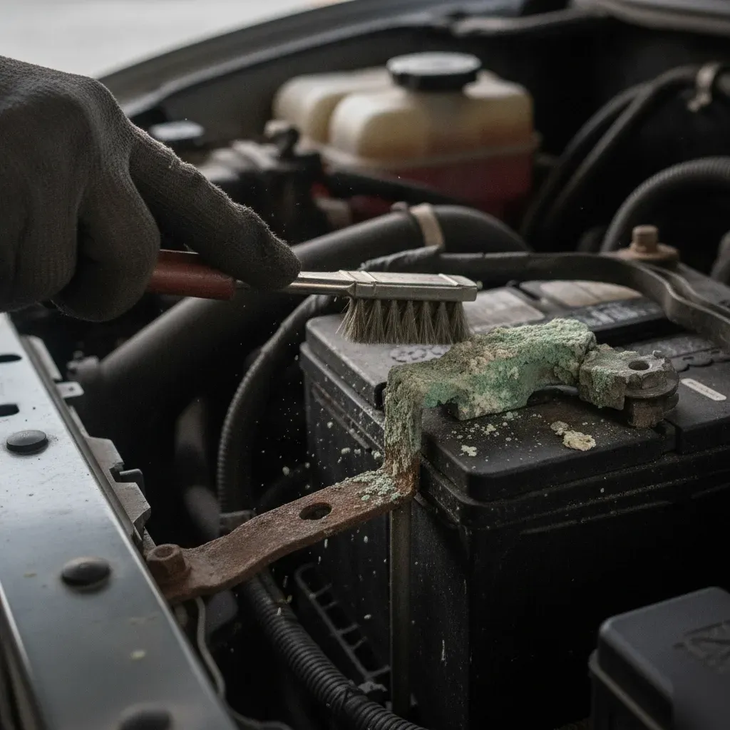 Corroded car battery terminal being cleaned during engine detailing in Fort Worth