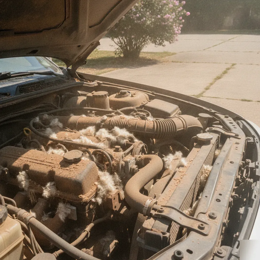Dusty engine bay showing seasonal grime buildup from Fort Worth summer heat