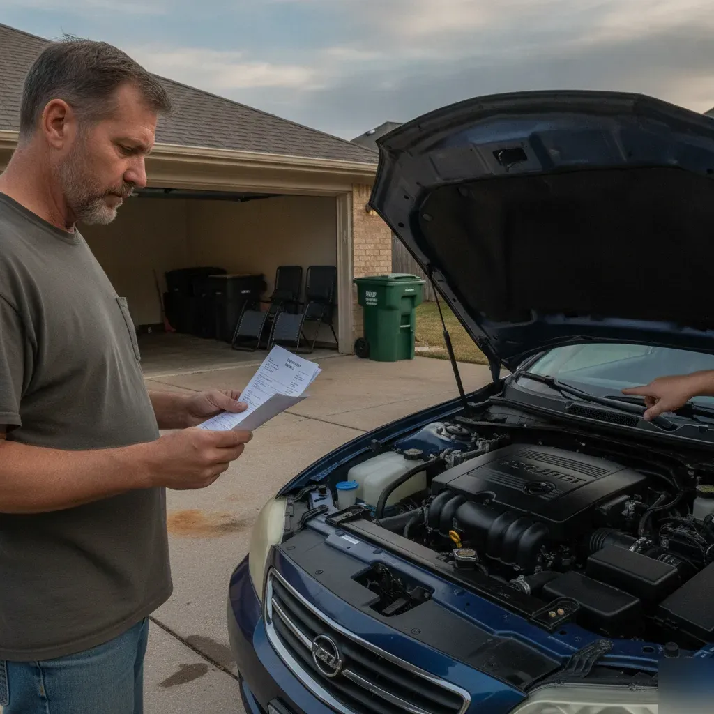 Customer reviewing engine detailing invoice beside cleaned vehicle in Fort Worth