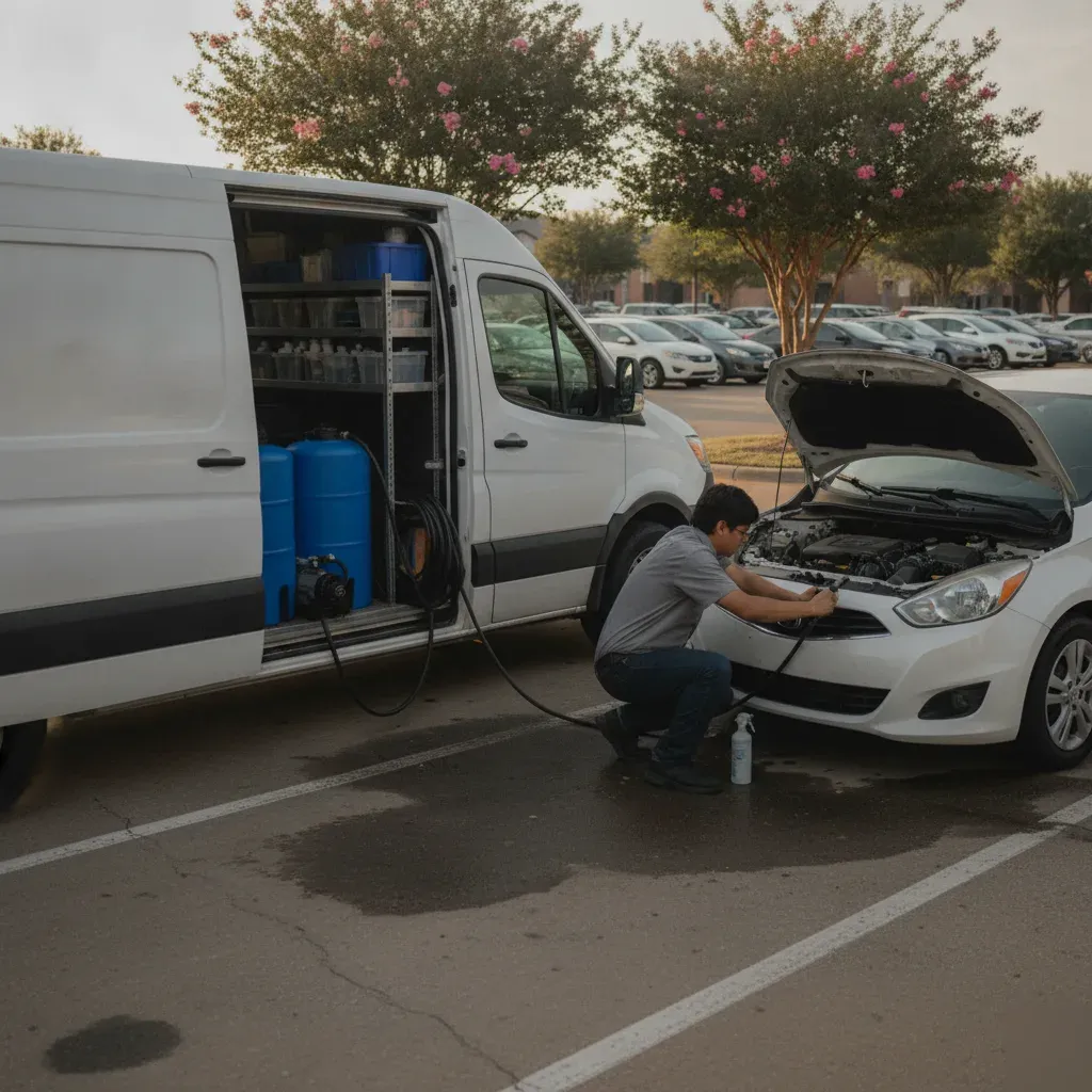 Mobile detailing van servicing car engine in Irving apartment parking lot