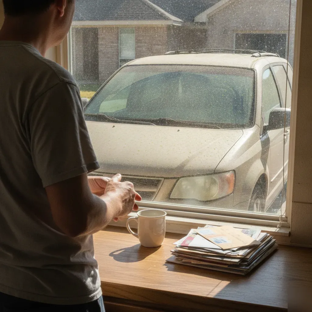 Homeowner viewing pollen-covered minivan through kitchen window before Fort Worth full body wash