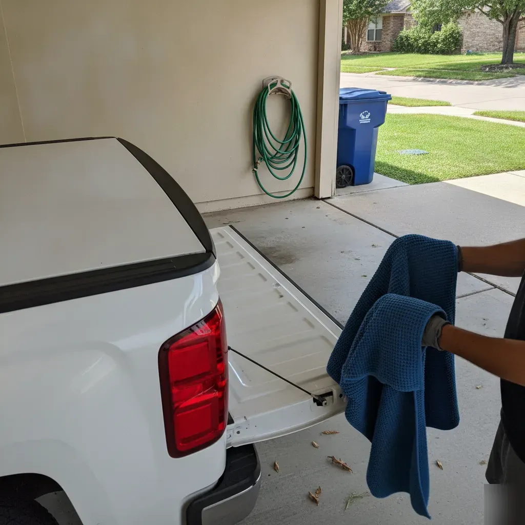 Clean dry white pickup truck after full body wash service in Irving driveway