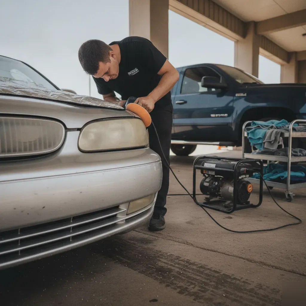 Detailer polishing cloudy yellowed headlight on a car in Fort Worth