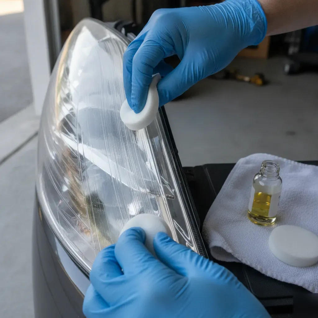 Applying UV sealant to a polished clear headlight lens in Fort Worth