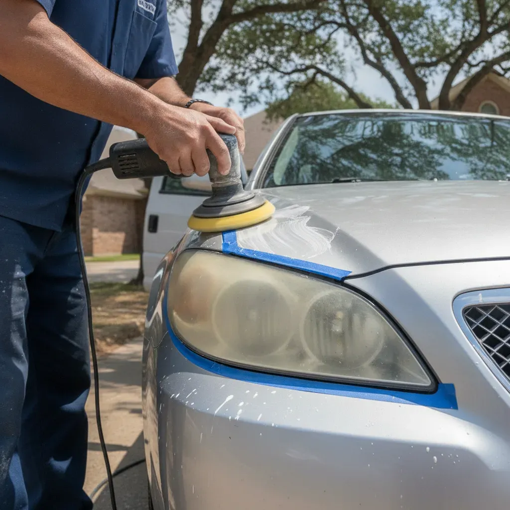Detailer buffing cloudy car headlight during mobile polishing service in Irving driveway