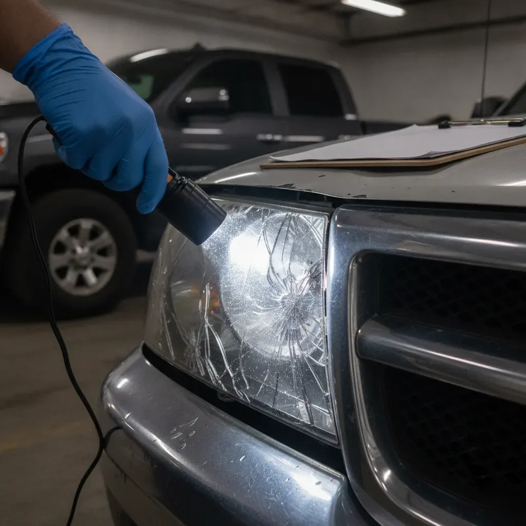 Technician inspecting cracked headlight lens with flashlight to check for damage