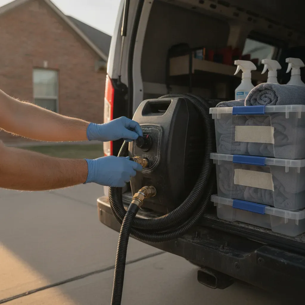 Technician setting up steam extraction equipment for pet hair removal in Fort Worth