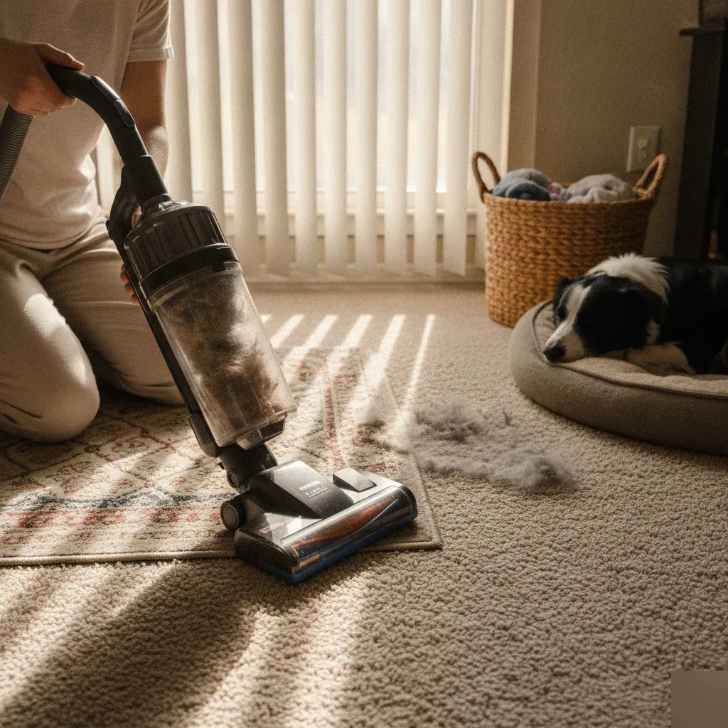 Homeowner vacuuming pet hair from rug, showing limits before professional Irving service