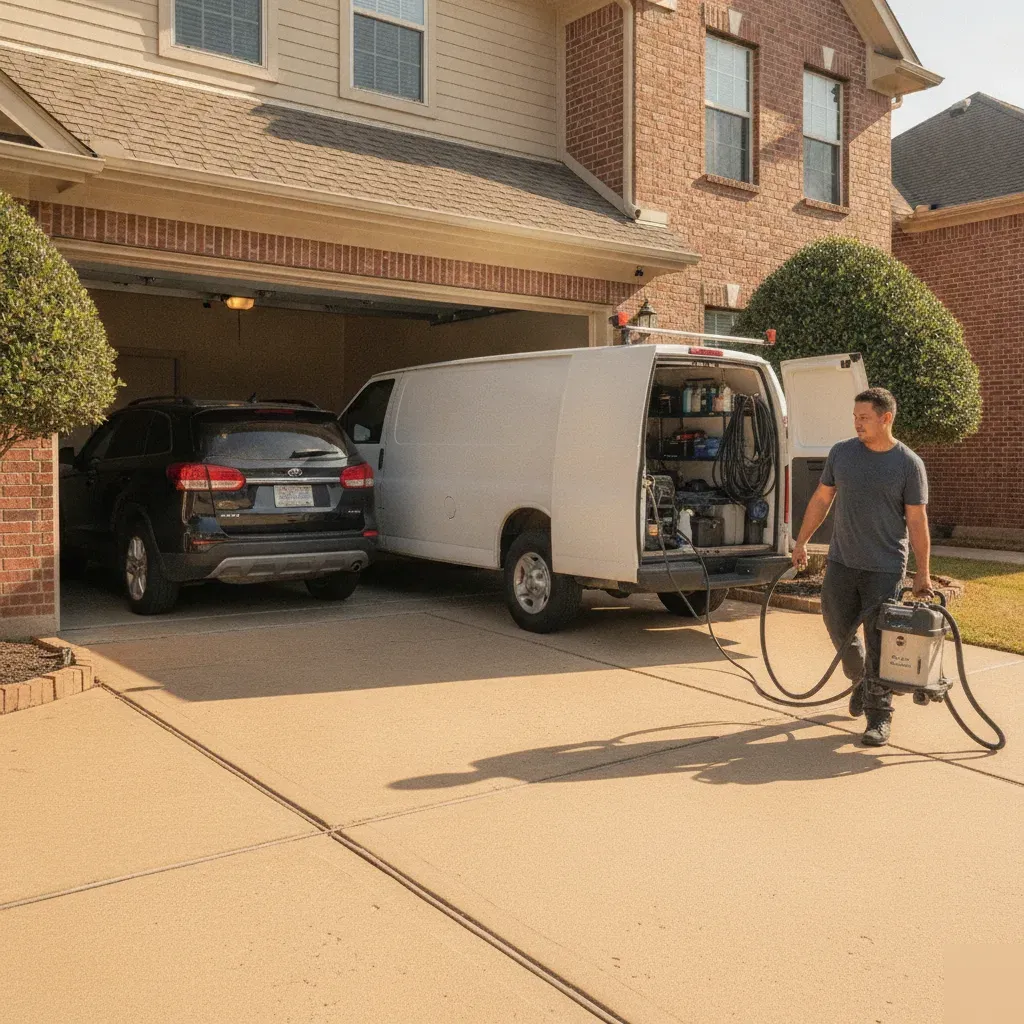 Mobile pet hair removal van servicing SUV outside Irving home garage