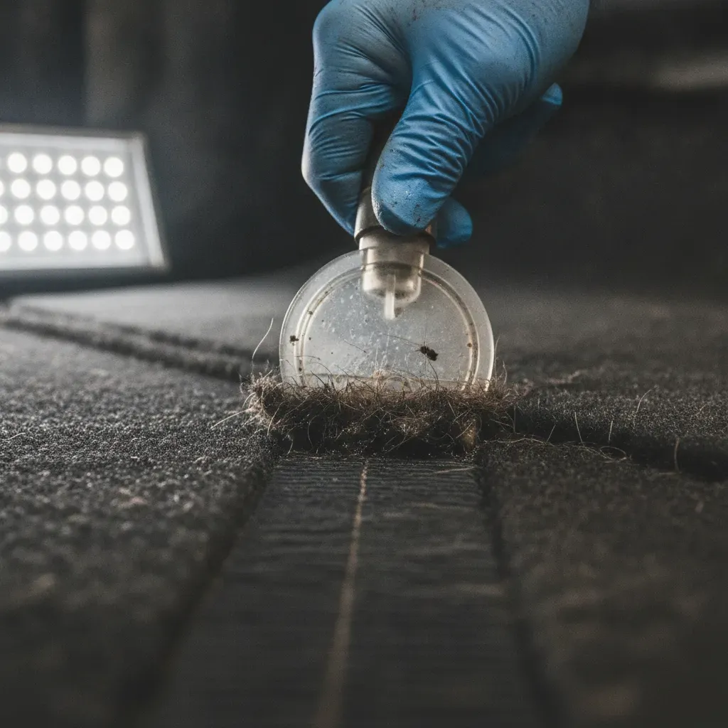 Steam extractor lifting embedded fur from car carpet during Irving detailing