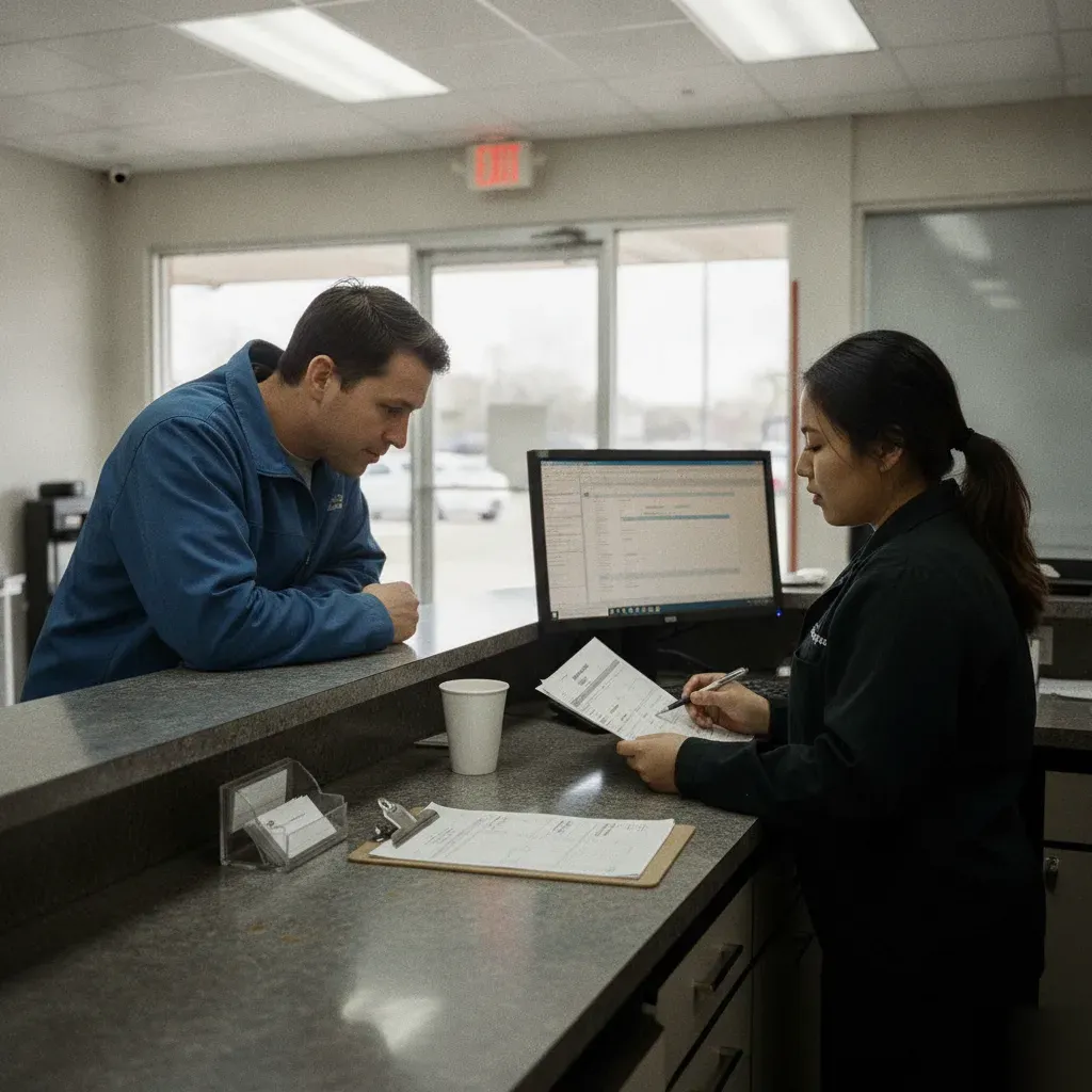 Customer reviewing pet hair removal pricing estimate at Irving detailing shop counter