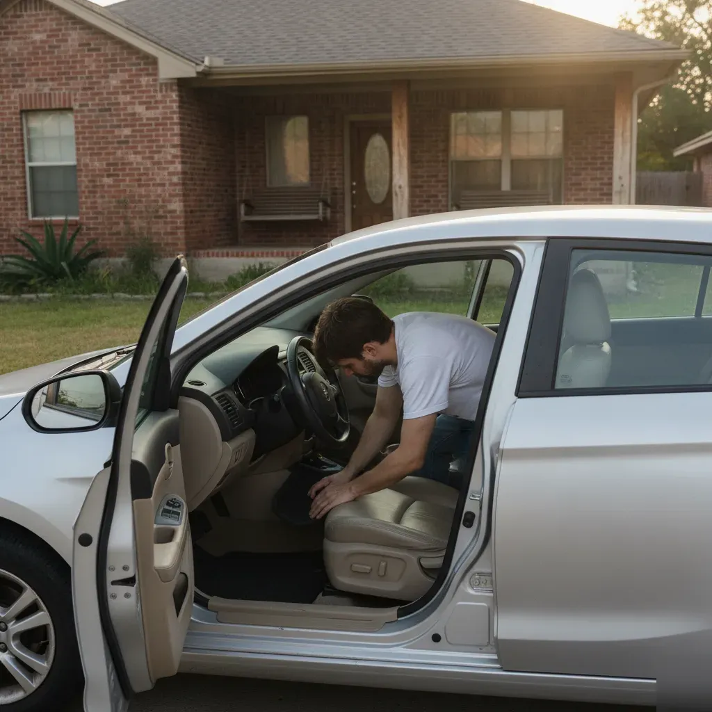 Homeowner checking car interior after steam cleaning outside Fort Worth home