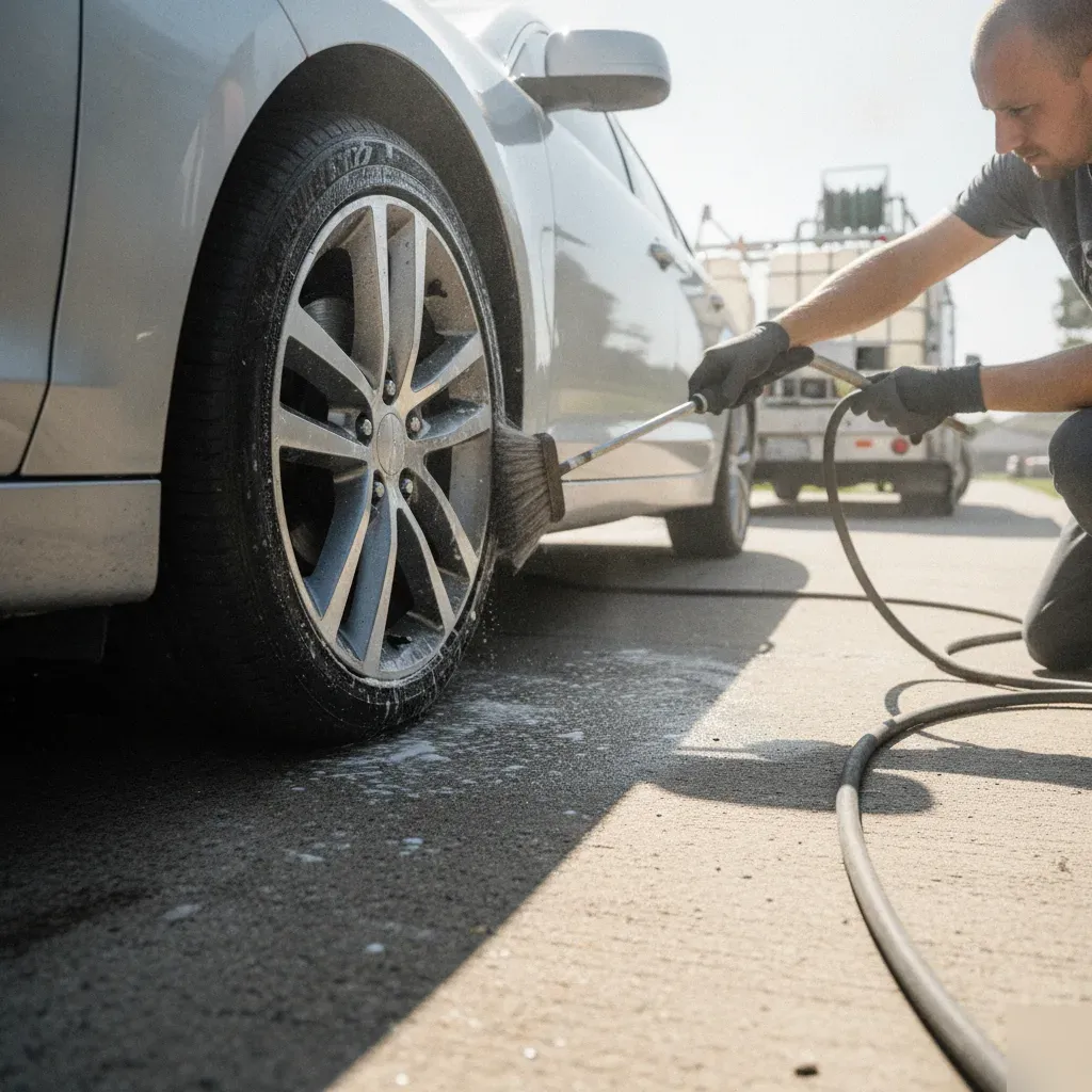 Detailer scrubbing brake dust off car wheel during mobile wheel washing in Fort Worth