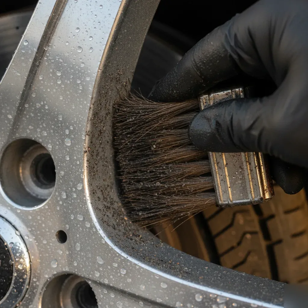 Close-up of gloved hand brushing brake dust from chrome wheel spokes in Fort Worth