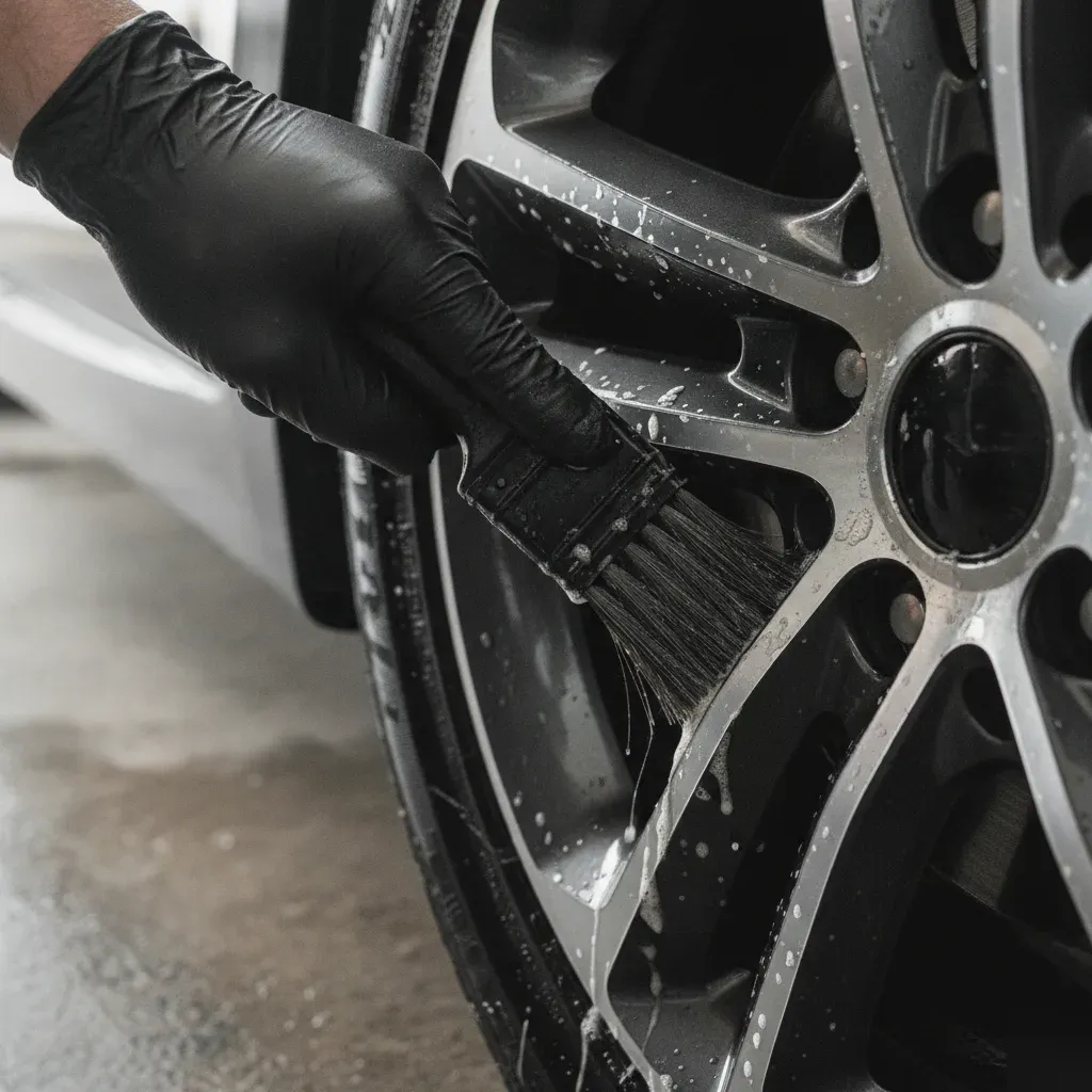 Close-up brush scrubbing brake dust from alloy wheel spokes in Irving