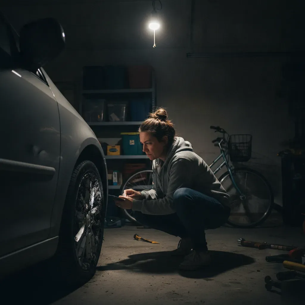Homeowner inspecting heavy brake dust buildup on car wheel in home garage